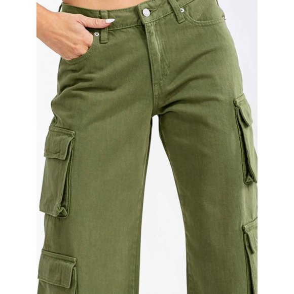 WOMEN'S BUTTON CLOSURE CARGO POCKETS WIDE LEG DENIM PANTS - Picture 4 of 4